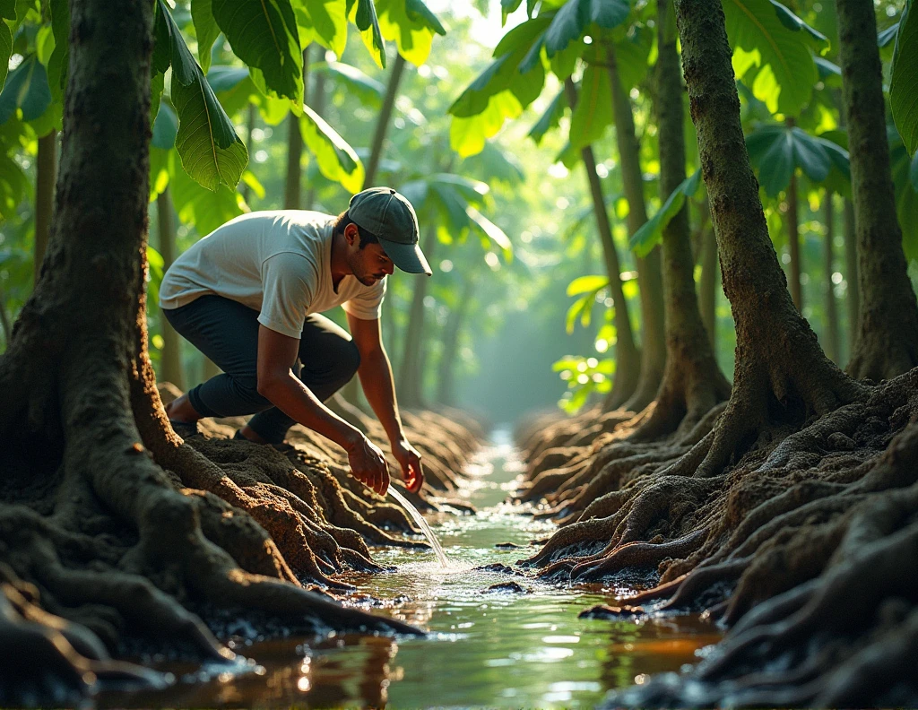 Irrigating the rubber tree roots