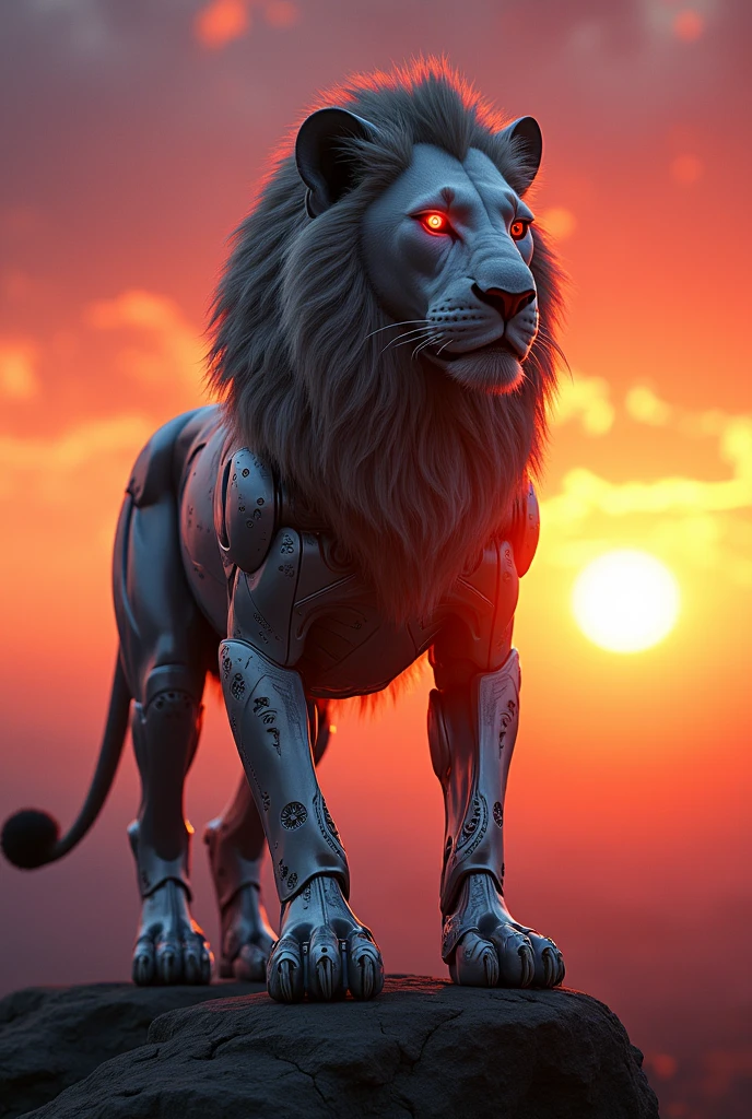 .- A mesmerizing 3D render captures a cyberpunk-inspired biomechanical lion that looks eerily like a gliding train. This futuristic creature navigates a path through the picturesque Japanese landscape, with the majestic Mount Fuji in the background. The intricate metallic and mechanical elements of the lion glisten in the light, perfectly combining high-tech features with organic shapes. Her body, an extraordinary fusion of train and beast, moves with power and grace. Vibrant colors and striking contrasts between advanced technology and serene natural surroundings create a captivating and surreal image that evokes wonder and intrigue.., 3D rendering, dark fantasy.