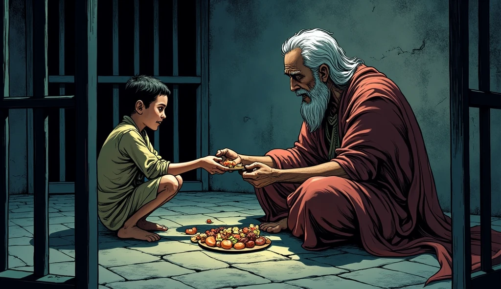 In the dim, grimy confines of a cage-like dungeon, King Subala, weak and frail, sits on the cold stone floor, his once regal robes now tattered. The flickering torchlight casts long shadows, emphasizing the bars that imprison him and his sons. With trembling hands, he passes the meager portion of food to a young Shakuni, whose eyes are wide with a mix of hunger and despair. Despite his own frailty, Subala’s expression is resolute, silently urging Shakuni to survive. The grim surroundings intensify the moment, capturing the weight of the king's heartbreaking decision in a world of shadows and sorrow.in comic style 