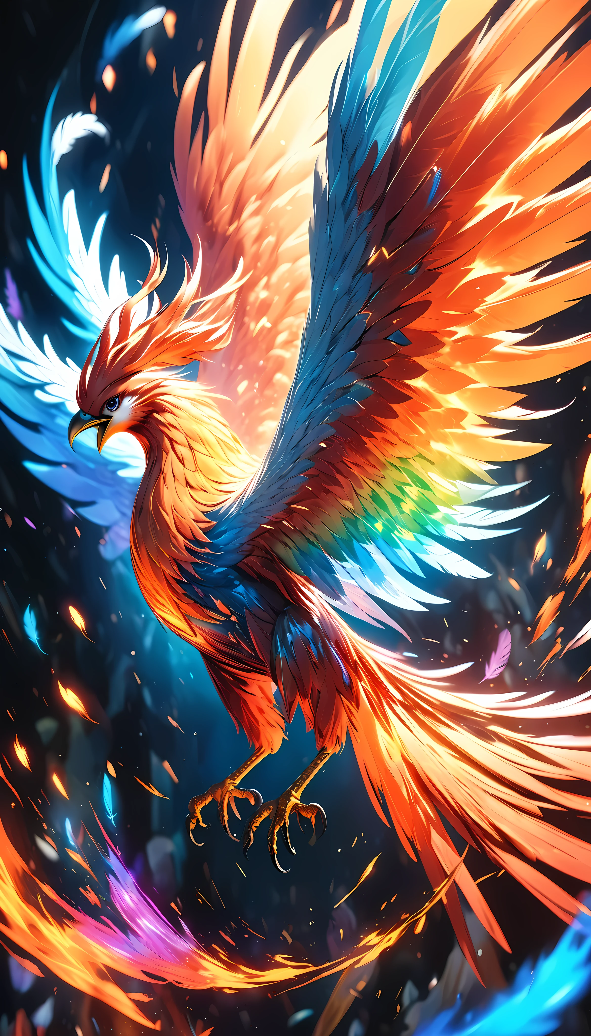a mythical phoenix bird, feathers of fire, spreading sparks, wings ablaze, flying through chaos, ethereal and divine, photorealistic, 8k, hyper detailed, dramatic lighting, vibrant colors, surreal and abstract, fiery holographic effects, dynamic movement