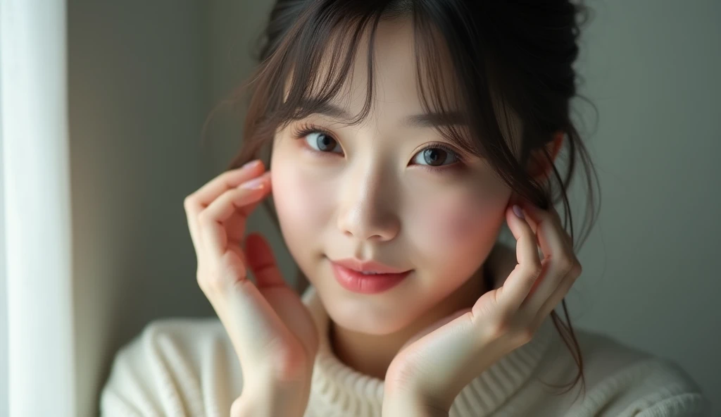 Realistic photo, 1Japanese women, Detailed face and body, Natural light, High resolution, photoRealistic, (Highest quality,8k,High resolution,masterpiece:1.2),Very detailed,(Realistic,photoRealistic,photo-Realistic:1.37),Realistic skin texture,Fine eyes and lips,Beautifully detailed face,Long eyelashes,Smooth Skin,Natural body shape、Is cleaning his ears、Cleaning your ears