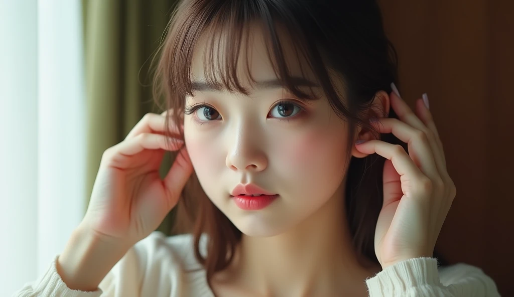 Realistic photo, １Japanese women, Detailed face and body, Natural light, High resolution, photoRealistic, (Highest quality,8k,High resolution,masterpiece:1.2),Very detailed,(Realistic,photoRealistic,photo-Realistic:1.37),Realistic skin texture,Fine eyes and lips,Beautifully detailed face,Long eyelashes,Smooth Skin,Natural body shape、Is cleaning his ears、Cleaning your ears