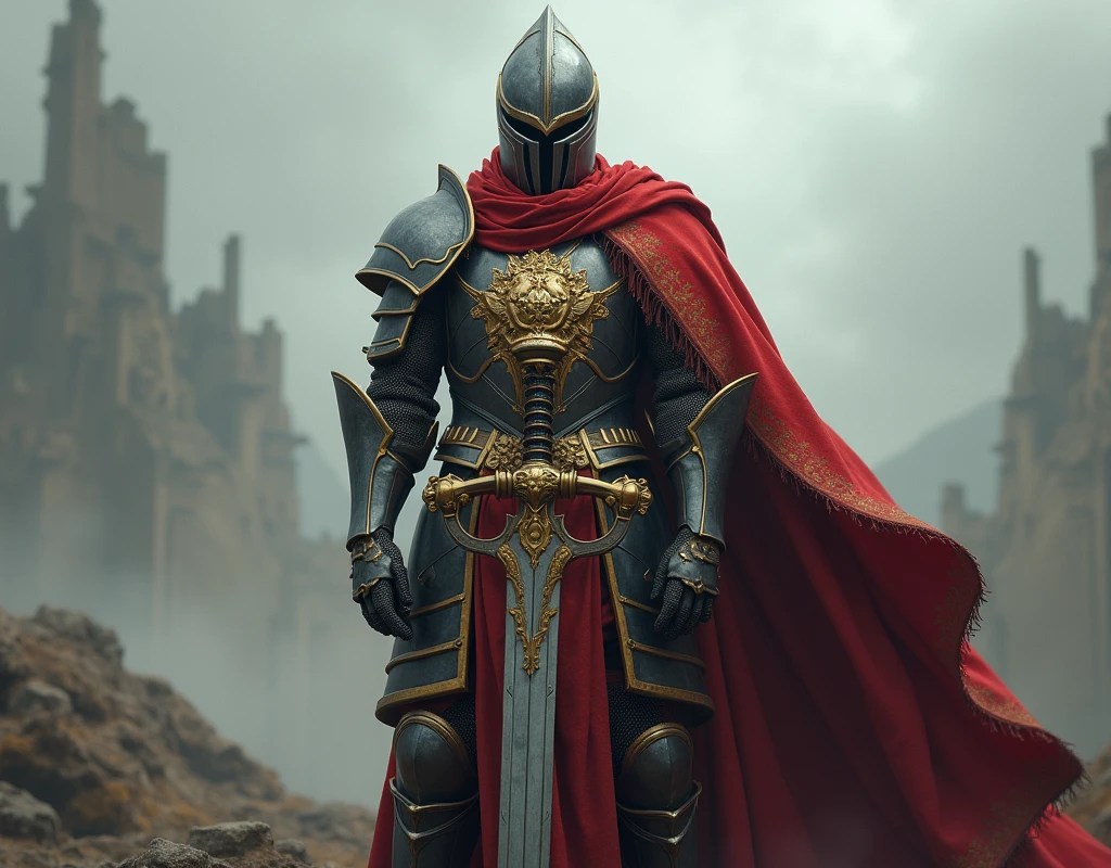 Elden Ring, young knight, great sword, lion theme red and gold armor, hellmet, sadness, guardian, defender