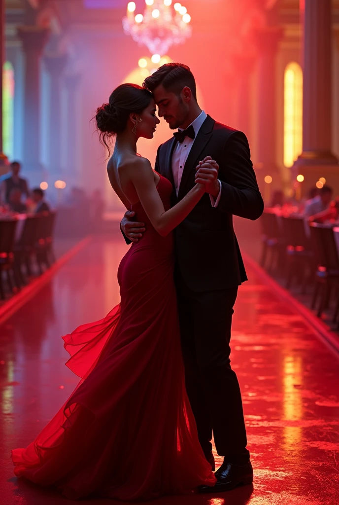 Man dance in beautiful girl man wearing black dress suit and girl wear sexy red dress floor is red and light is rainbow