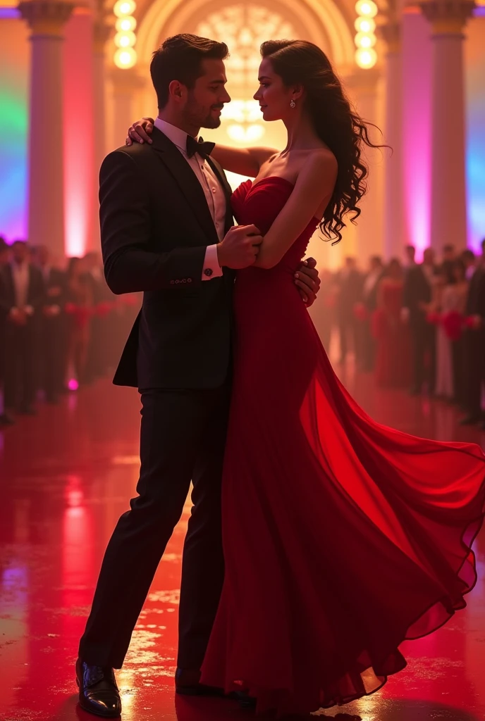 Man dance in beautiful girl man wearing black dress suit and girl wear sexy red dress floor is red and light is rainbow
