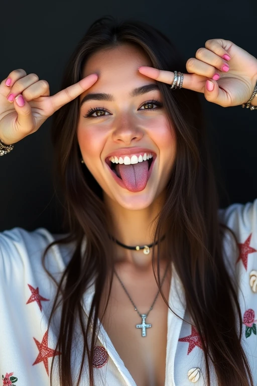 , A vibrant and youthful close-up portrait of a young woman against a dark background. She is making a playful, expressive gesture by sticking out her tongue and holding up a peace sign over her forehead with her right hand. She has long, dark hair, and her expression is fun and carefree. The woman is wearing a white shirt featuring a celestial design, a shell necklace, and a cross pendant. She also has braces, a nose piercing, and several bracelets on her left wrist. The image captures a sense of spontaneity and youthful energy, with the dark background emphasizing the bright and lively features of the subject.
