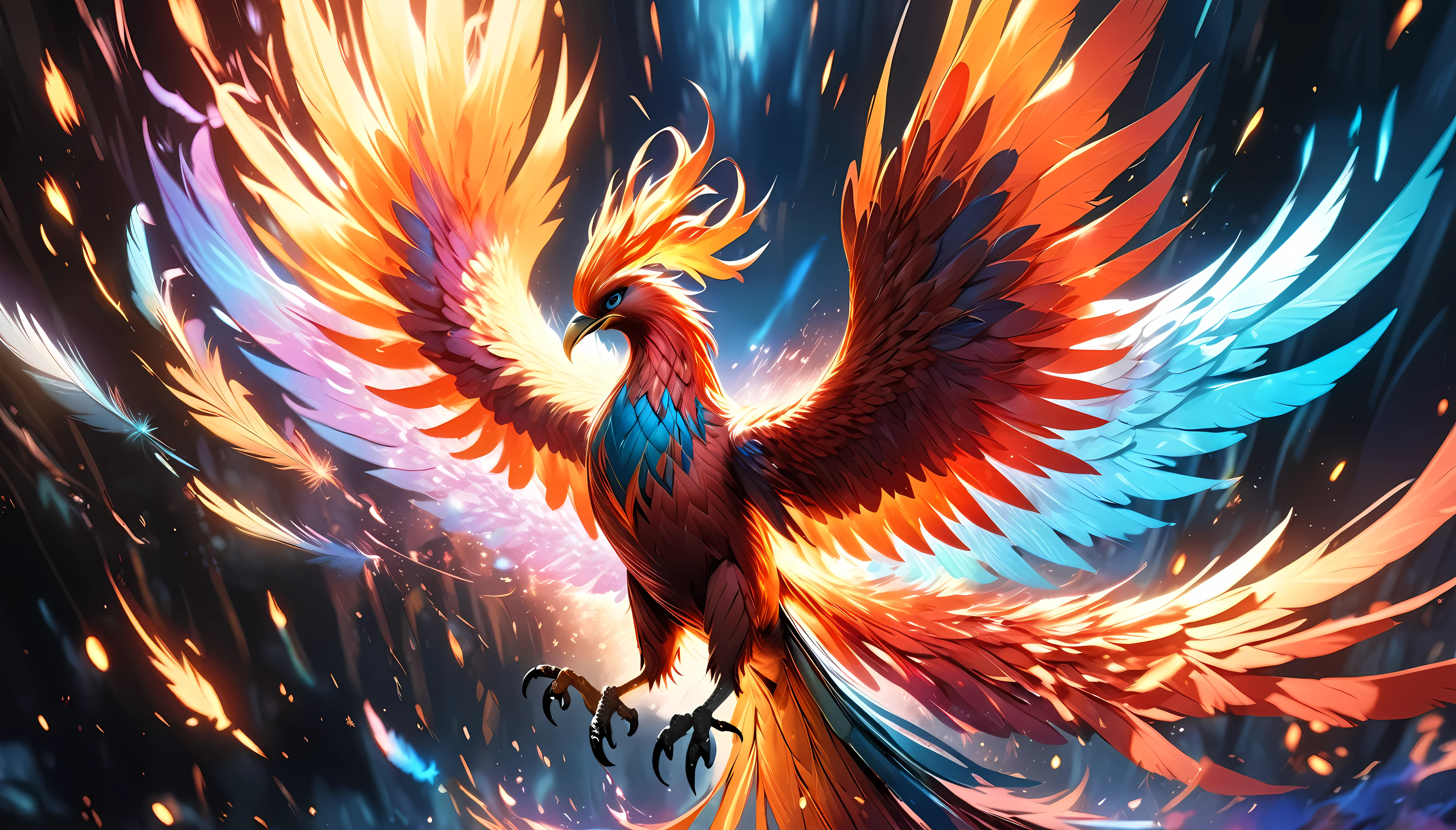 a mythical phoenix bird, feathers of fire, spreading sparks, wings ablaze, flying through chaos, ethereal and divine, photorealistic, 8k, hyper detailed, dramatic lighting, vibrant colors, surreal and abstract, fiery holographic effects, dynamic movement
