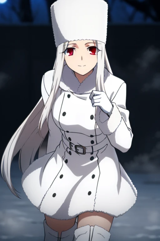 Irisviel Von Einzbern, (large breasts), oversized breasts, long hair, white hair, white fur coat, belt, white gloves, (knee-high boots), white fur hat, solo, facing the viewer, looking at the viewer, smile, closed mouth, (night time), (foggy weather), (snow)