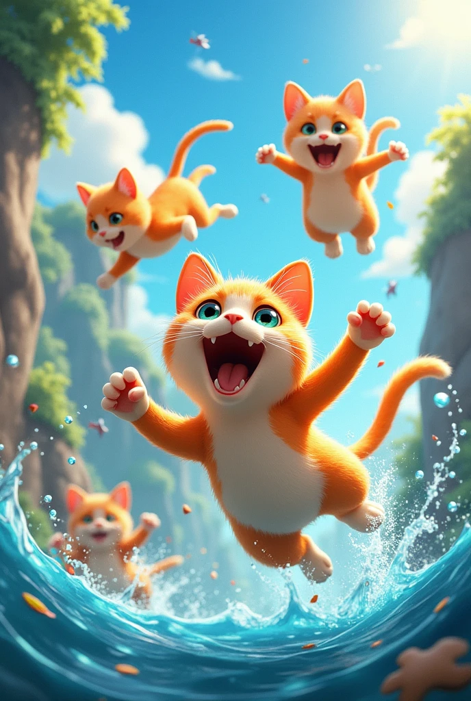 Animated cat flying swimming fight running
