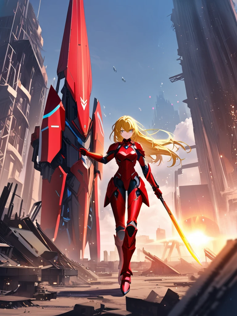 The image depicts a female anime character with long blonde hair and red armor, wielding a large weapon. She appears to be in a futuristic or sci-fi setting, surrounded by mechanical structures. Based on the character's appearance and the overall style, this could be considered a young, anime/manga genre character.
