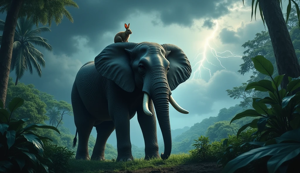 draw an elephant and a rabbit is sitting on him in the jungle during storm
