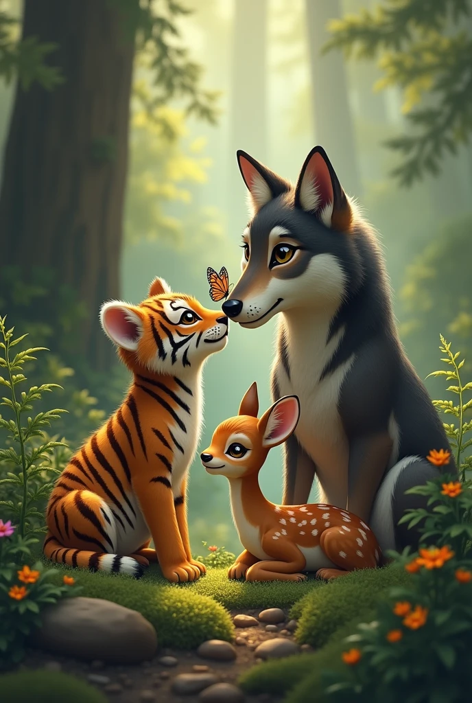 An image in a forest with a tiger cub, a wolf, a butterfly and a fawn being friends, realistic