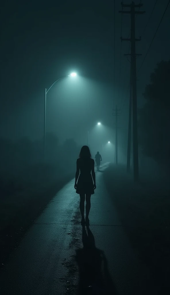 A nighttime scene with a long, empty road. A shadowy figure stands under a flickering streetlight far behind the woman, barely visible but unnervingly still. The distant figure appears almost featureless, blending into the darkness.