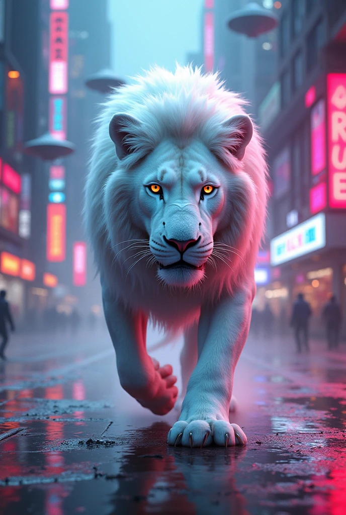 White lion in neon city