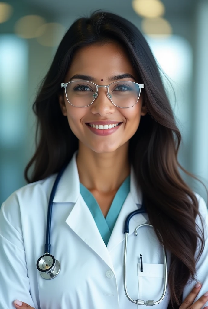 Beautiful 30 year old indian doctor with long hair transparent glasses white apron having stethoscope and clinic background in front facing in 9:16 image