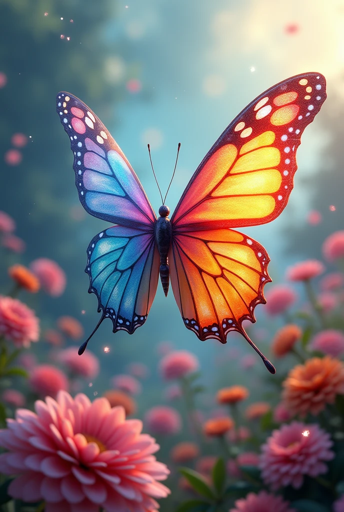 Please create a realastig 4D image butterfly that had its wings made of rainbow flyoling over a world of flowers