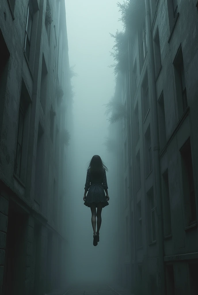 A girl falling from a building all gray with sadness and dark tones