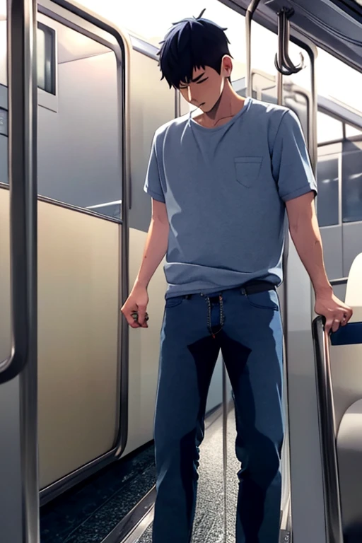 In the morning train, there's a slender and mascular young man in his blue short pants. He is pissing himself. His pants has a pee wet spot at the bulge of his pants . His pee is dropping off from his pants. There's a pee puddle at his feet. He is holding his crotch to stop peeing. He looks ashamed of pissing himself.Anime.