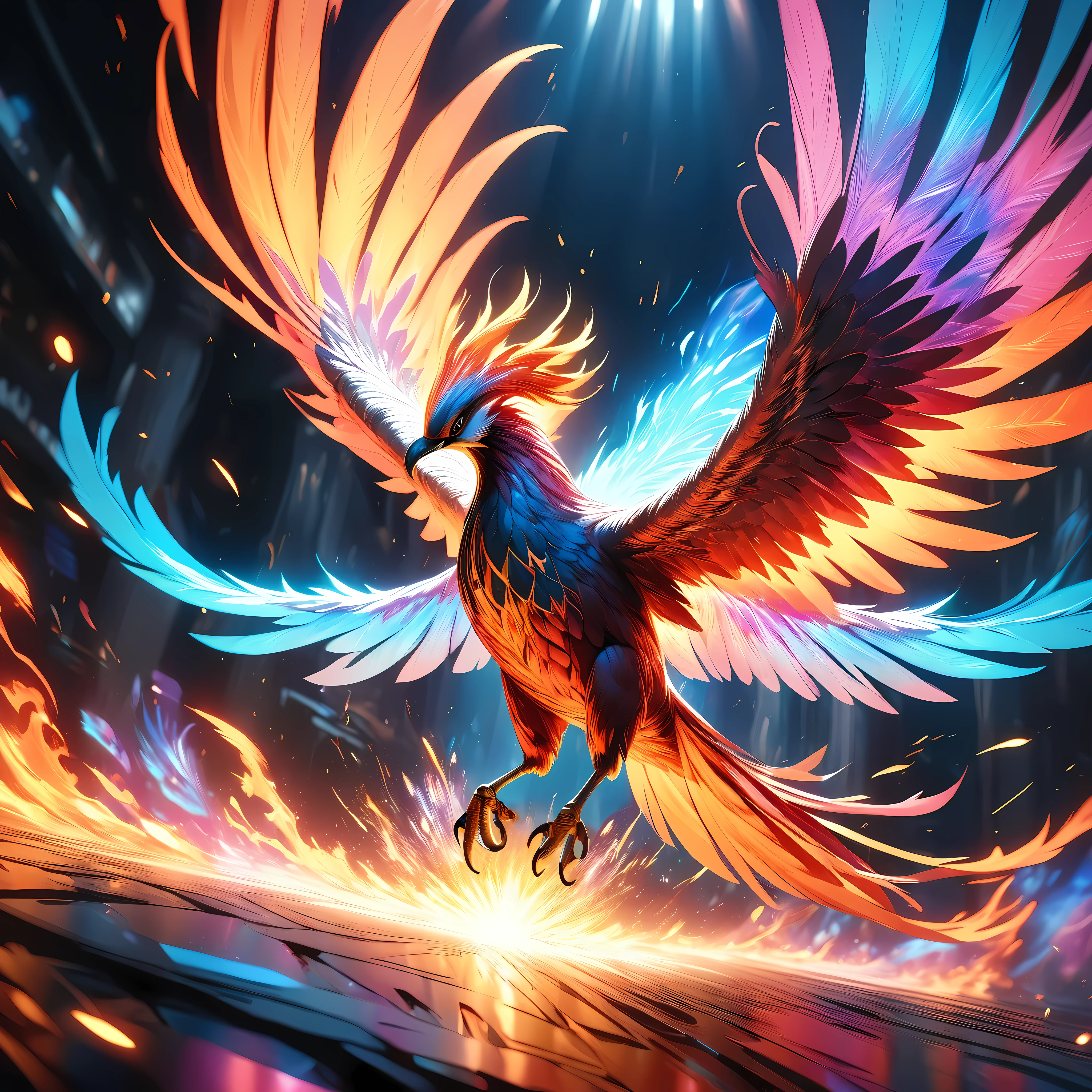 a mythical phoenix bird, feathers of fire, spreading sparks, wings ablaze, flying through chaos, ethereal and divine, photorealistic, 8k, hyper detailed, dramatic lighting, vibrant colors, surreal and abstract, fiery holographic effects, dynamic movement