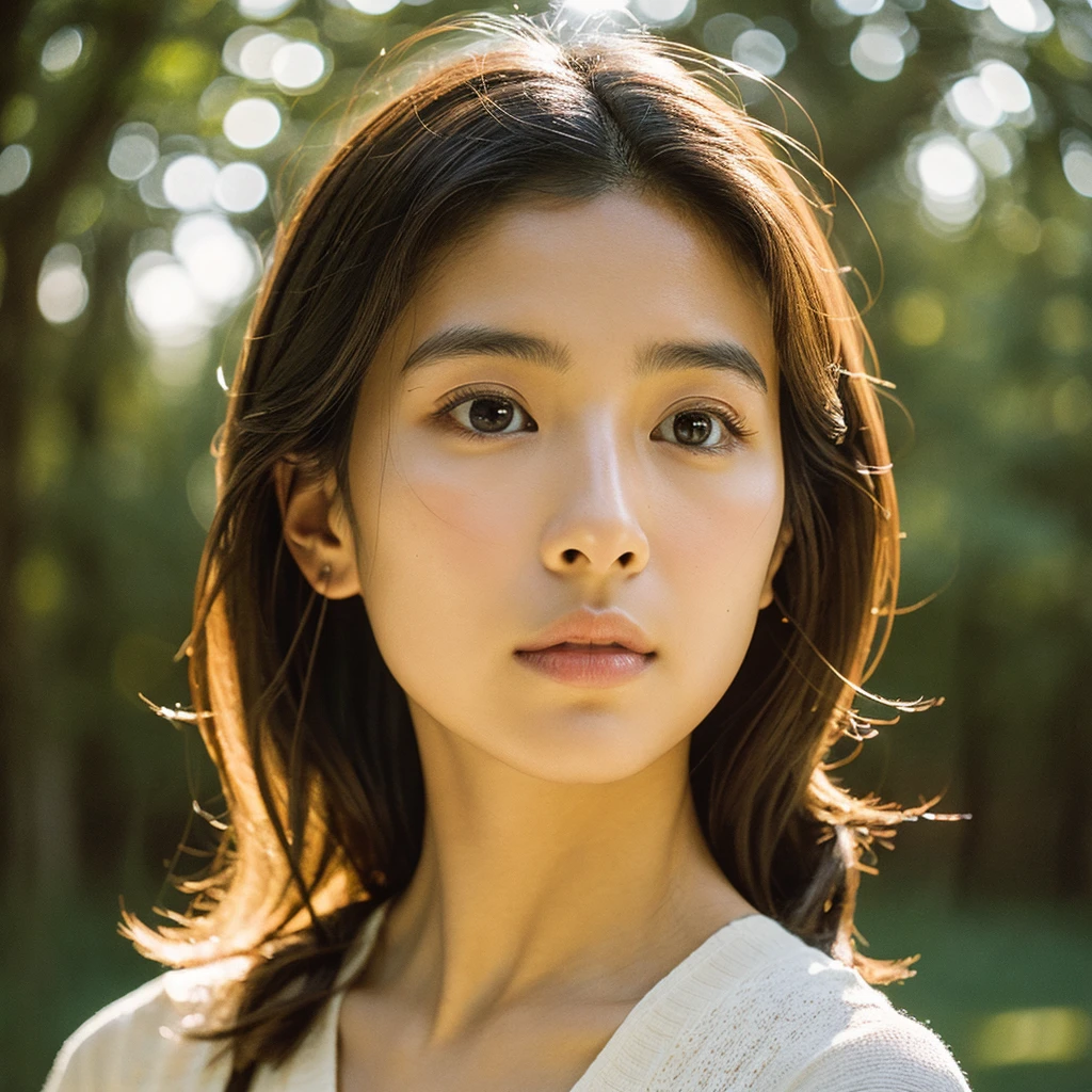 A hyper-realistic image of a single Japanese woman in her early 20s, captured with the nostalgic warmth and subtle graininess of a film camera. Her skin has a warm beige tone with a natural, slightly rough texture that includes visible pores, fine lines, and subtle imperfections such as small blemishes, adding to the authenticity of her appearance. The soft, diffused natural light enhances the film-like quality, casting gentle shadows that create a timeless, organic feel. Her straight, glossy black hair frames her face in a natural, slightly tousled manner, and her deep brown eyes reflect the ambient light, adding depth and emotion. The film camera effect introduces a slight grain and a softer focus, giving the image a warm, nostalgic atmosphere while maintaining the realistic texture of her skin. She is dressed simply, in a way that complements her natural beauty, with the overall composition designed to evoke a sense of genuine, understated elegance. The use of natural light, combined with the deliberately rougher texture of her skin and the film-like qualities, ensures that this image captures the imperfections that make her beauty truly lifelike, focusing solely on this one individual.