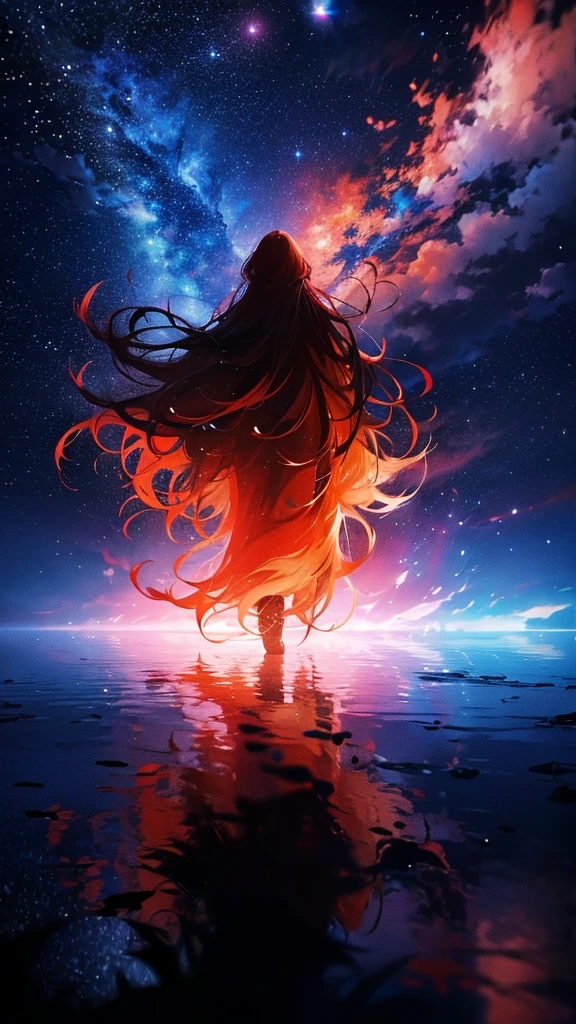 
Red-haired woman with long hair，flowing coat， Silhouette， Rear view，Space sky, Starry Sky，rainbow，Flower Field，Colorful water