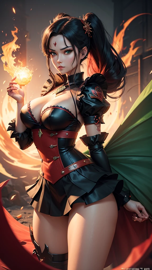 A captivating anime-inspired illustration of BIA, the Enchanting Combat Maid, also known as the Killer Maid. Standing at 1.66 meters tall, she is a voluptuous android with dark hair, light green eyes, and a striking figure accentuated by her black and red maid outfit, adorned with golden details. BIA is equipped with magic and physical strength, and her daggers are poised to strike. The 'REDRAGON FURY X' logo stands boldly alongside her name and codename, rendered in a striking font, with the creator's signature, 'Dragonsteel7'. The illustration is designed in a cinematic style, perfect for a poster or product promotion., anime, poster, illustration, typography, cinematic, photo, product, 3d render, vibrant, ukiyo-e