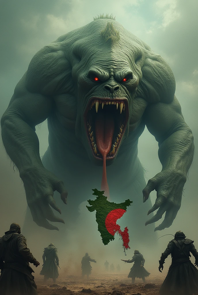 Create an image where the map of India is illustrated as a monstrous creature. This creature has a menacing, exaggerated face, and its "body" is shaped like the Indian subcontinent. The monster is depicted as constantly consuming or drawing in the map of Bangladesh, which is being sucked towards its open mouth or a vortex. The background could show a chaotic scene to emphasize the ongoing action.