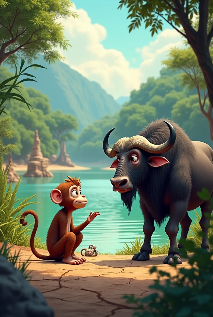 Show how the jungle with lush greenery turning into a dry and hot environment. Show the monkey and buffalo talking in the lake. Use speech bubbles or animated lips to show their conversation. Show other animals looking tired and thirsty.