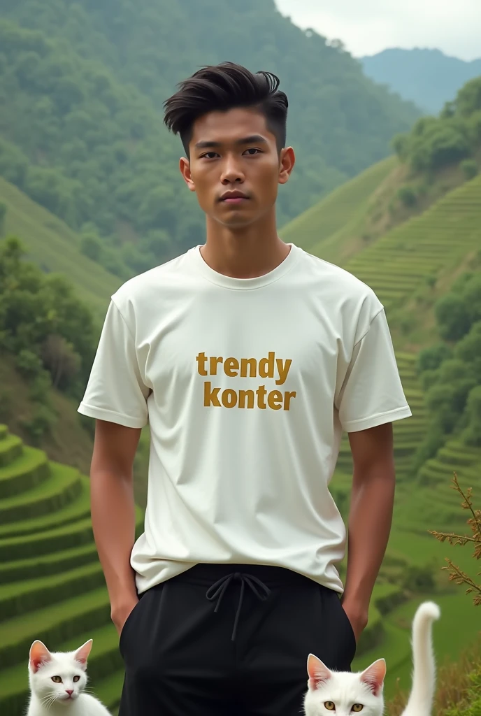 Indonesian young man, 30 years old, brown skin, looking intently at the camera, wearing a basic white satin t-shirt, black trousers with pockets, on his shirt written in gold letters "TRENDY KONTER" walking accompanied by 2 long-tailed white cats.. background of terraced rice fields on slopes