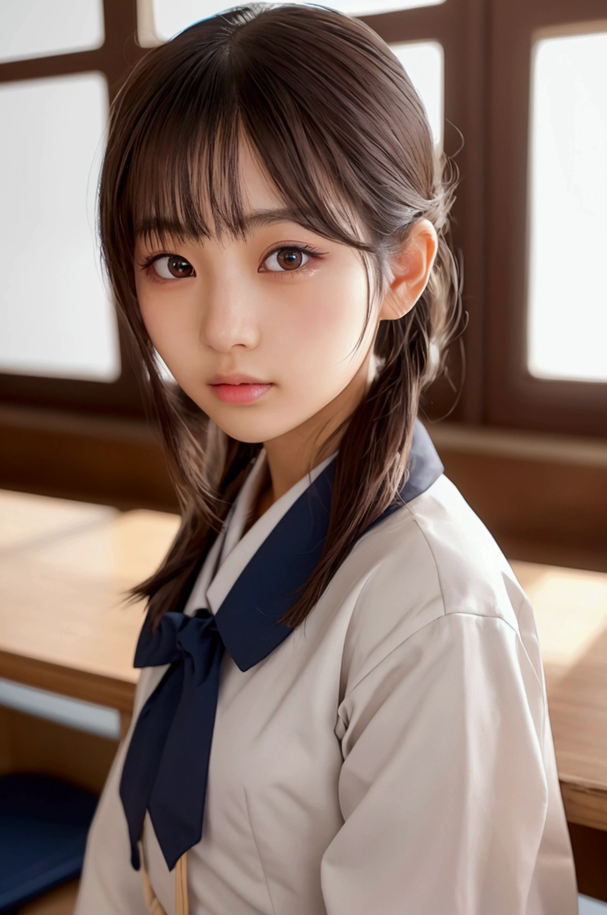 A young Japanese girl in a school classroom, beautiful detailed eyes, beautiful detailed lips, extremely detailed face and skin, long eyelashes, school uniform, standing in a row, underwear, intricate details, high quality, 8k, photorealistic, dramatic lighting, cinematic, realistic proportions, intricate details, seamless, masterpiece