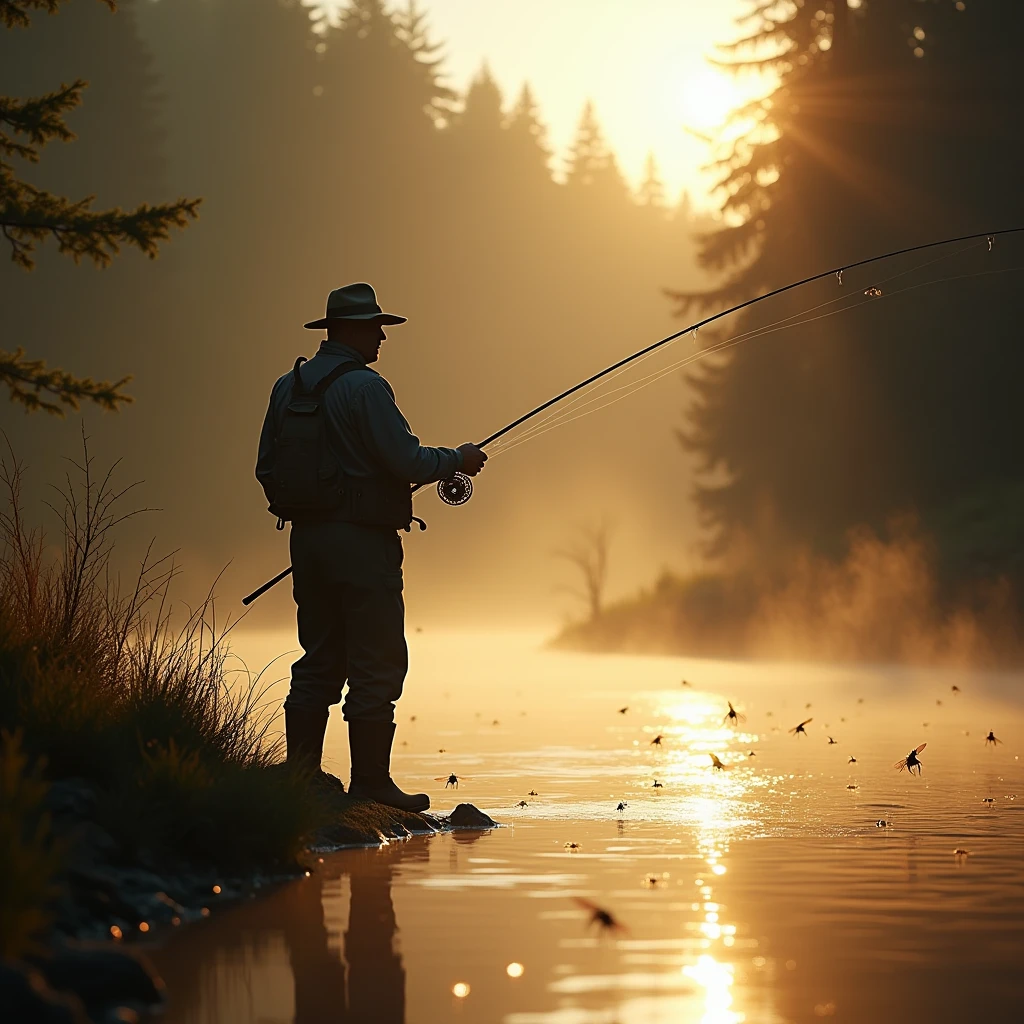 fly fishing photos, Morning Glow, The emergence of insects, Cinematic production, Dramatic Chiaroscuro