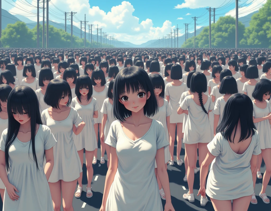 (((((Japanese Clone girls=Myself)))))), (((best masterpiece Clone girls Raw Photography Art))), (16K, Highest quality, Ultra-high resolution, RAW Photos), (((Unrealistic, Unparalleled depiction, An unbelievable sight, Unprecedented and shocking, In a world where myselves are multiplied, Ultra-realistic))), (((Japanese, woman, 18yo, saito-Asuka))), (Small face, ((Thick black hair, Semi-long hair))), ((V-neck short-sleeve dress)), (((((Very beautiful detailed girls, Accurate body structure, Very detailed完璧な, A super busty body with very large breasts, Great proportions, super big breasts, Big, voluptuous breasts, The cleavage is very plump and emphasized))))), (((Dark Eyes, Mature face, Cute Smile, A gentle gaze, ((Very happy laughter))))), (((((Very detailedcloning描写, 1girl→cloning→1,000,000,000,000,000,000,000,000girls))))), (((((Very detailed, (The precise depiction of the double, (With the exact same female body, With the exact same face, With the exact same hairstyle, In the exact same clothes, At the exact same height, The same exact super big boobs))))))), (((Myself only))), (((100,000,000,000,000,000,000,000,000,000,000,000,000,000,000Myself))), (Beautiful poses to raise the actress's consciousness, Cleavage Emphasis, Walk freely), (((Very detailed, Myself and each other, hug, Back to Back, Myself big collection, Fun conversation with myself, A happy conversation with myself, Kiss Myself Everywhere, Doting on Myself))), (Free pose), (Sexual seduction), (((Unbelievably crowded, Close contact between transcendent selves, Countless "myselves" completely surround me in 360 degrees))), (Bright and soft sunlight), (((super wide view, Very wide field of view, Very detailed, Detailed ultra-perspective depiction with clear depth))), (Ultra-high-definition poster-like depiction), (((Flat and gently undulating terrain, (Slope), The countless "myselves" filling the city streets and hills will multiply infinitely and reach beyond the horizon))), (Focus on the center of the group)