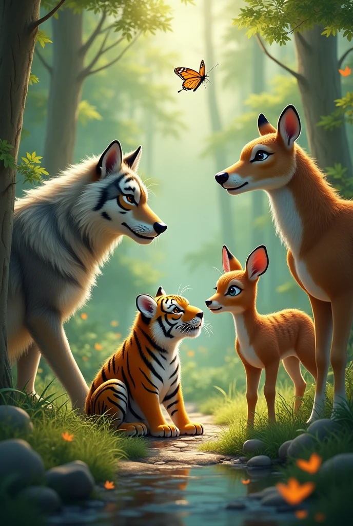 An image in a forest with a tiger cub, a wolf, a butterfly, a dragonfly and a fawn being friends, realistic