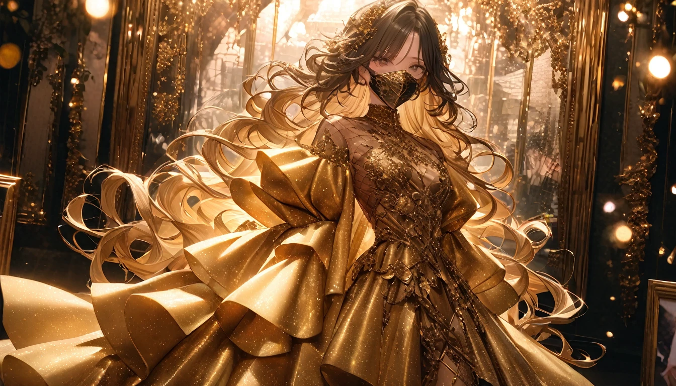 Supermodel with detailed long, curly, flowing hair, Dressed in golden clothes (Translucent and exquisitely embroidered) (Metallic Surgical Mesh Mask) Cover your face, ((mouth is hidden)), wearing strange future fashion,  Luxurious and exquisite gold accents, photograph, Exquisitely crafted, Created, Scrupulous, grow, Maximum details, Extremely beautiful, bokeh, Professional photography