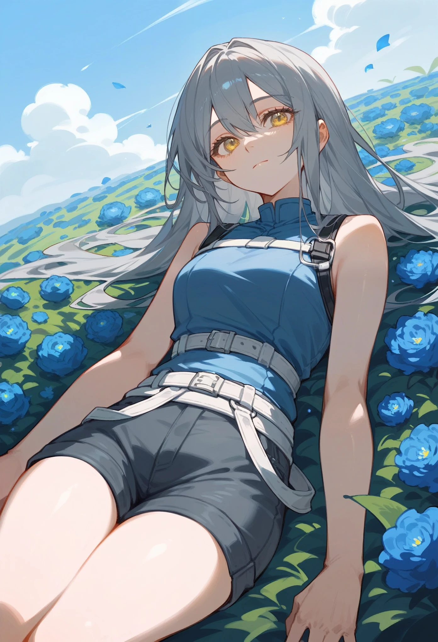 neat black sleeveless, yellow eyes, dark gray hair, Sky blue flower background, shorts, ((high quality)), lap belt, light blue harness, smile, woman alone, white belt, long hair, Buried among sky blue flowers, lying down, expressionless