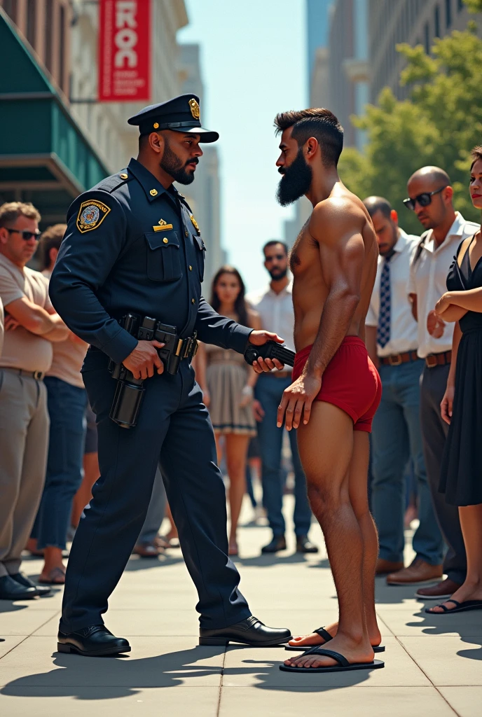 Strong uniformed police officer pointing a pistol at a thin man, muscular, mixed race bearded man, in red underwear and flip flops, with their hands on their heads on a sidewalk full of people dressed.