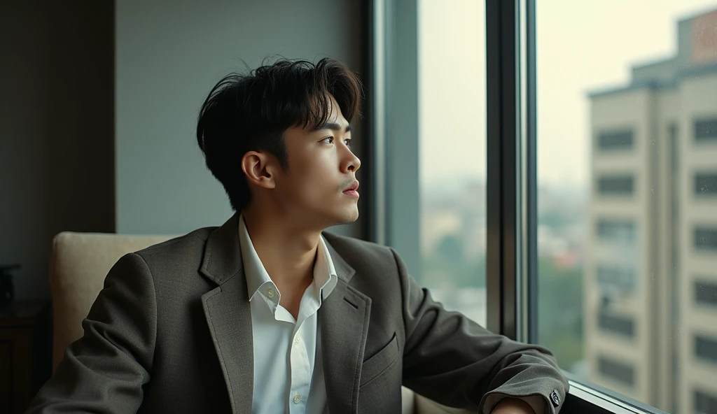 A fashionably dressed male Japanese college student looks out the window with a gloomy expression,Excited, Photo of your face, In a beautiful room, with a natural look, With a slightly tired look, tilt your face a little, Diagonal orientation, Average face