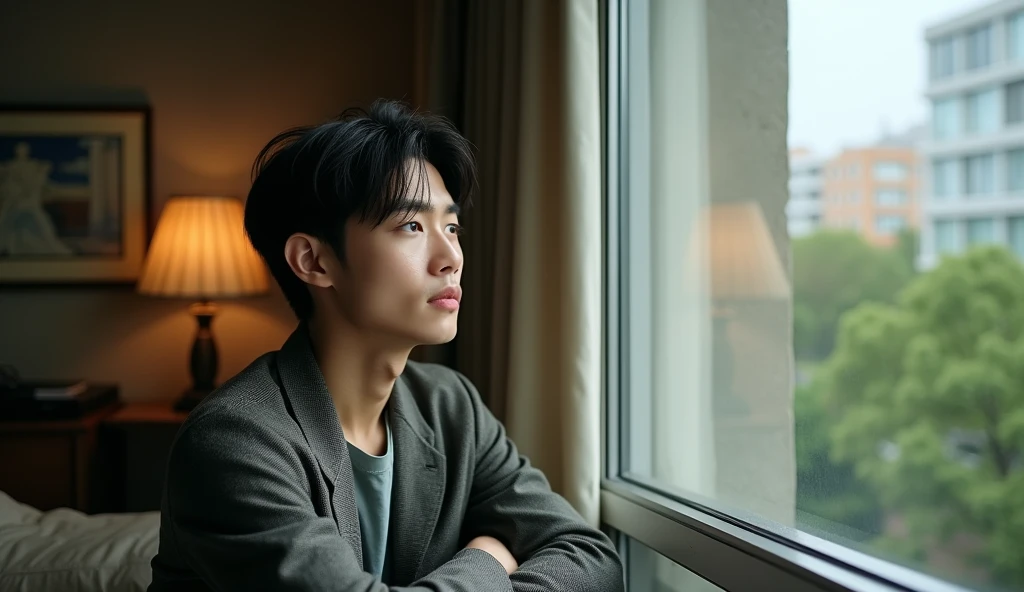 A fashionably dressed male Japanese college student looks out the window with a gloomy expression,Excited, Photo of your face, In a beautiful room, with a natural look, With a slightly tired look, tilt your face a little, Diagonal orientation, Average face