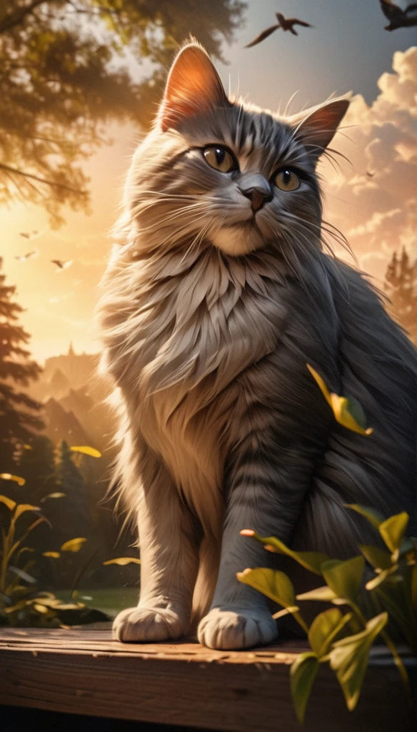 a cat sitting on a bench in a park, evening atmosphere, trees, low grass, pleasant clouds, several birds in the air, also leaves falling from trees, (best quality,4k,8k,highres,masterpiece:1.2),ultra-detailed,(realistic,photorealistic,photo-realistic:1.37),detailed cat, detailed facial features, detailed fur, detailed bench, detailed trees, detailed grass, detailed clouds, detailed birds, detailed falling leaves, muted colors, warm lighting, golden hour