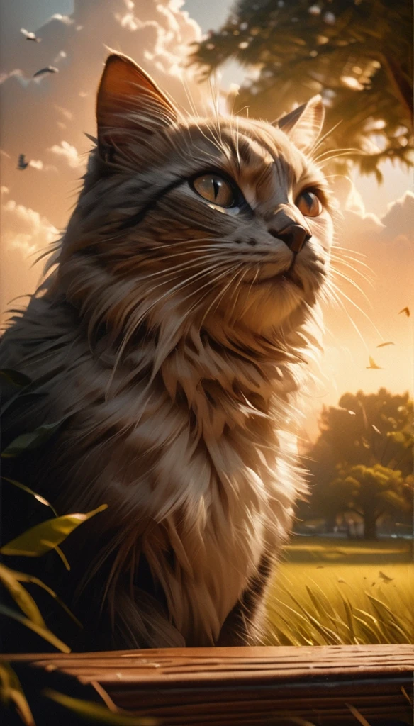 a cat sitting on a bench in a park, evening atmosphere, trees, low grass, pleasant clouds, several birds in the air, also leaves falling from trees, (best quality,4k,8k,highres,masterpiece:1.2),ultra-detailed,(realistic,photorealistic,photo-realistic:1.37),detailed cat, detailed facial features, detailed fur, detailed bench, detailed trees, detailed grass, detailed clouds, detailed birds, detailed falling leaves, muted colors, warm lighting, golden hour