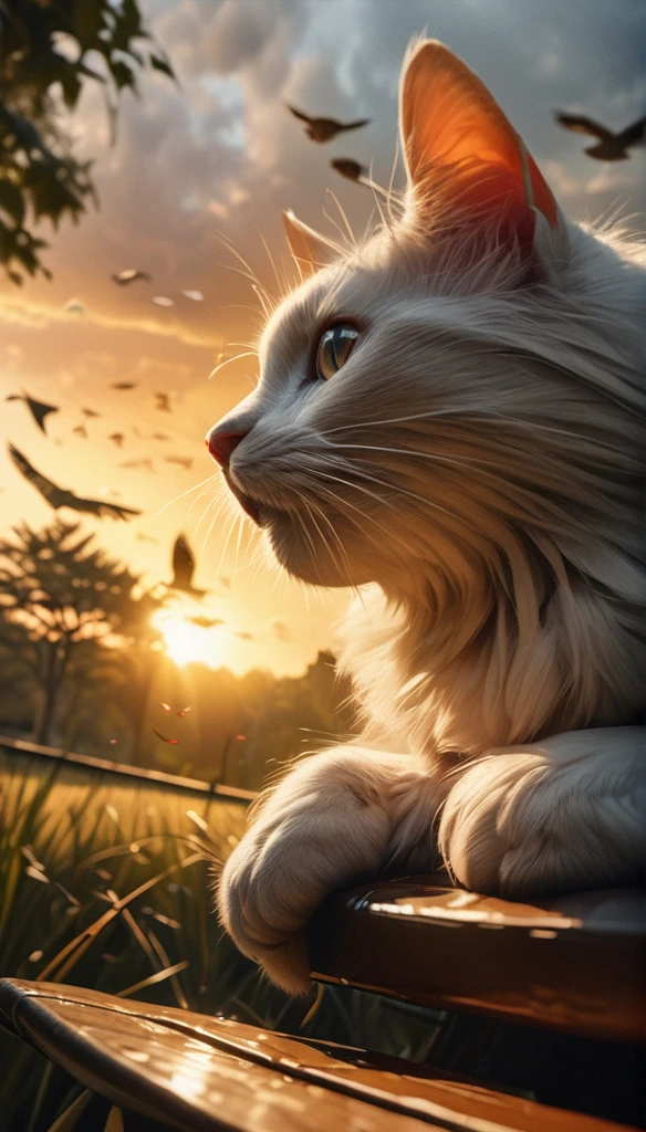 a cat sitting on a bench in a park, evening atmosphere, trees, low grass, pleasant clouds, several birds in the air, also leaves falling from trees, (best quality,4k,8k,highres,masterpiece:1.2),ultra-detailed,(realistic,photorealistic,photo-realistic:1.37),detailed cat, detailed facial features, detailed fur, detailed bench, detailed trees, detailed grass, detailed clouds, detailed birds, detailed falling leaves, muted colors, warm lighting, golden hour