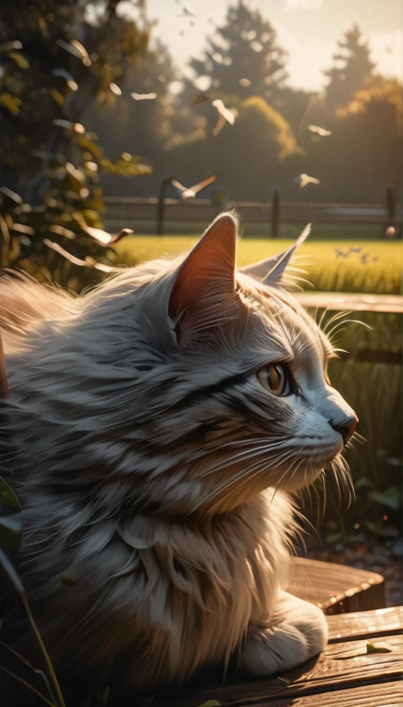 a cat sitting on a bench in a park, evening atmosphere, trees, low grass, pleasant clouds, several birds in the air, also leaves falling from trees, (best quality,4k,8k,highres,masterpiece:1.2),ultra-detailed,(realistic,photorealistic,photo-realistic:1.37),detailed cat, detailed facial features, detailed fur, detailed bench, detailed trees, detailed grass, detailed clouds, detailed birds, detailed falling leaves, muted colors, warm lighting, golden hour