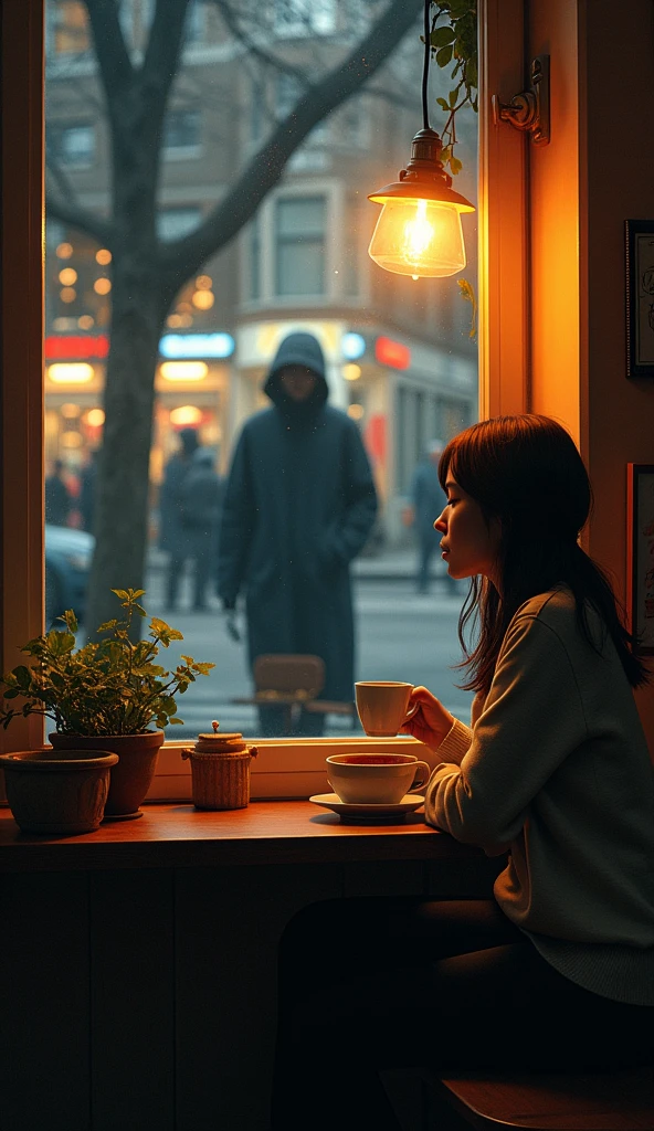 A cozy café interior with warm lighting, but with a cold, unsettling twist. A young woman sits near a window with a coffee cup in hand, looking outside. Across the street, through the window, a shadowy figure stands completely still amidst bustling pedestrians.
