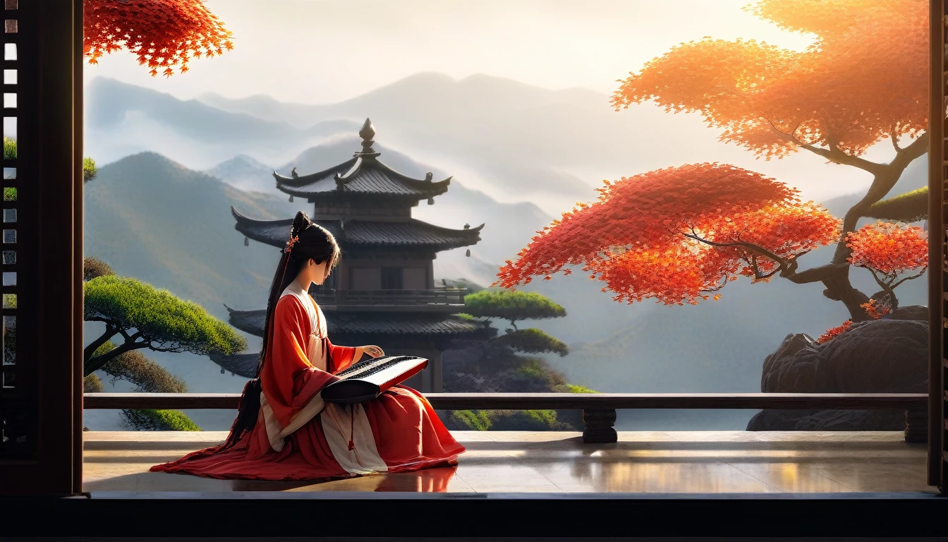 1 girl back,Solitary,Wearing Tang Dynasty clothes,East Asian Architecture,wall,table,firefly,flamingo,night,ginkgo leaf,sit,wooden chair,sit , Guzheng,Musical instrument ，Vision，there is a painting there，A painting of a Chinese building，There is a red tree next to it。, Dojo on the mountain, zen Temple Background, Ross Chen. Landscape background, 3D Rendering Matte, Beautiful rendering of the Tang Dynasty, cgsociety Unreal Engine, matte painting Unreal Engine, Akihiko Yoshida. Unreal Engine, rendered in Unreal Engine 5, 游戏environment设计, environment, Temple Background