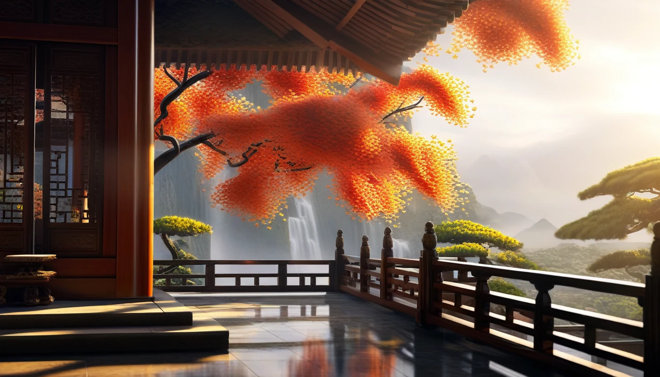 1 girl back,Solitary,Wearing Tang Dynasty clothes,East Asian Architecture,wall,table,firefly,flamingo,night,ginkgo leaf,sit,wooden chair,sit , Guzheng,Musical instrument ，Vision，there is a painting there，A painting of a Chinese building，There is a red tree next to it。, Dojo on the mountain, zen Temple Background, Ross Chen. Landscape background, 3D Rendering Matte, Beautiful rendering of the Tang Dynasty, cgsociety Unreal Engine, matte painting Unreal Engine, Akihiko Yoshida. Unreal Engine, rendered in Unreal Engine 5, 游戏environment设计, environment, Temple Background