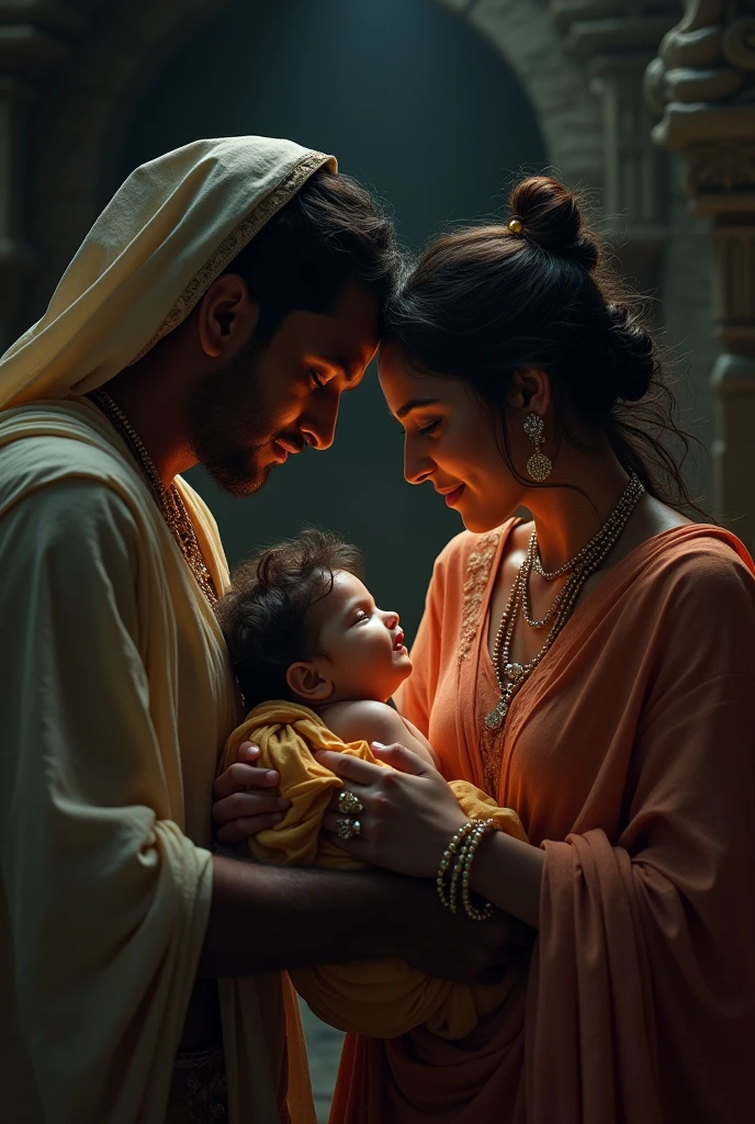 Devaki and Vasudev sitting with the newborn Krishna in the dark of the prison