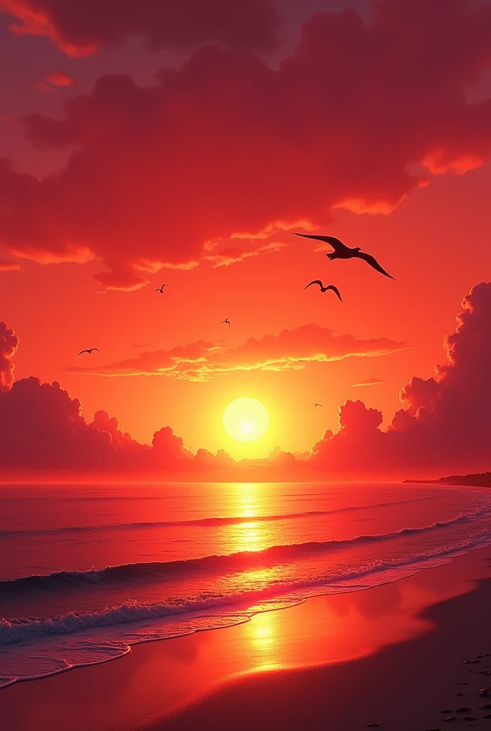 A sea shore in which the sun is seen setting due to which the sky appears red in colour and there are some clouds in the sky, the sea shore appears red in colour, some birds are flying in front of the sun