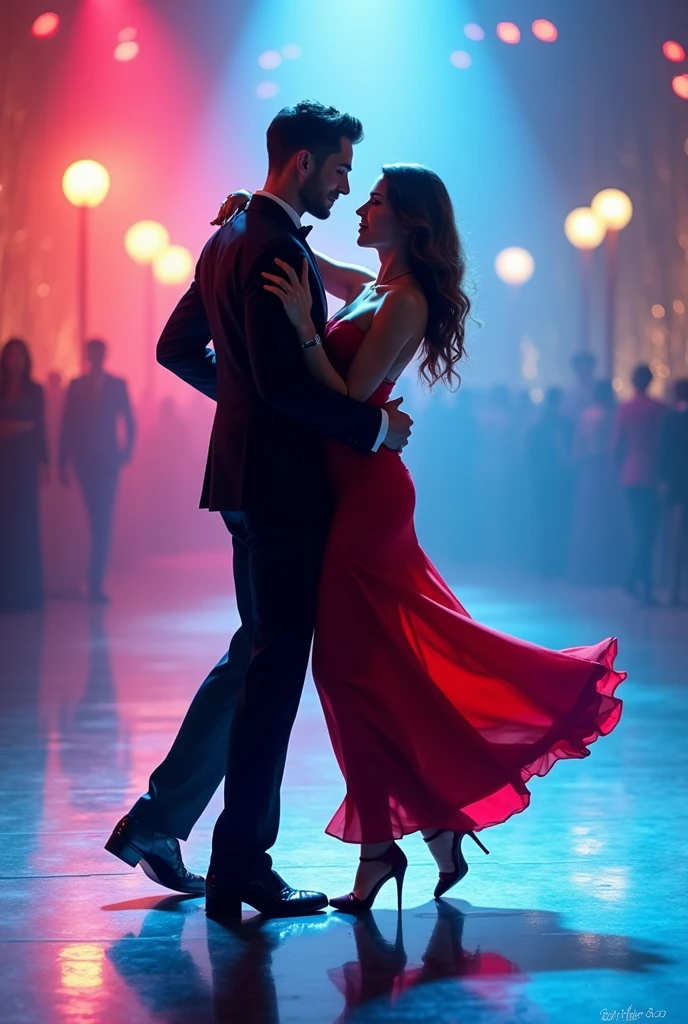 Man dance in beautiful girl man wearing black dress and girl wearing hot sexy red dress and floor is blue and light is rainbow