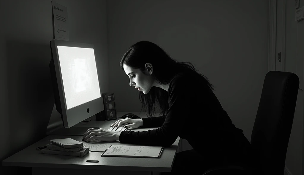 a woman dressed in black who died horribly in the room in front of her computer. black and white background