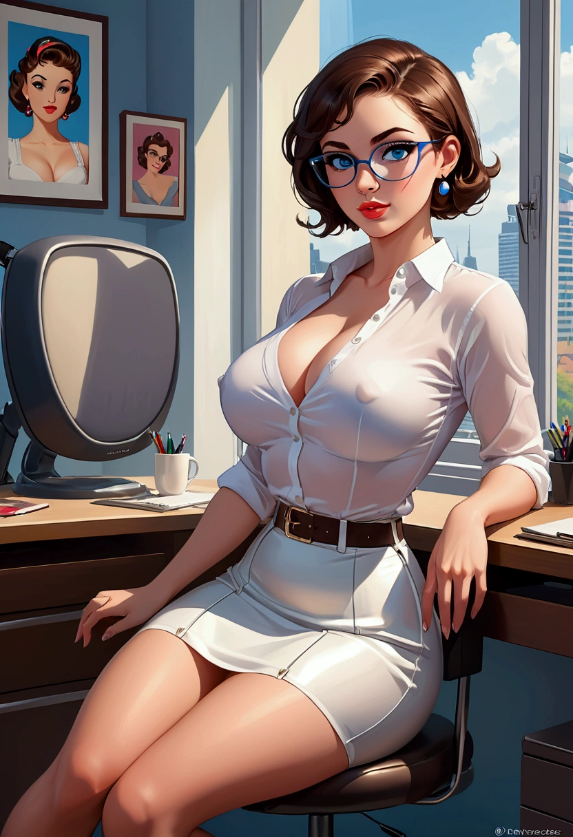 20 years old woman, Short brown hair, Méditerranéenne aux blue eye, Generous and heavy breasts, slender waist, estomac defini, fesses rebondies et pulpeuses, naturally curved, muscular thighs, aguicheuse, assise sur la chaise de bureau, transparent white skirt and blouse,  legs crossed , lunettes , Earrings, blue eye, pin-up 